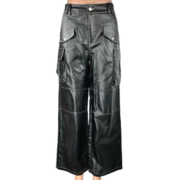 Edikted Women's Black Faux Leather Wide Leg High Waist Cargo Trousers Pants Sz S - Picture 1 of 5
